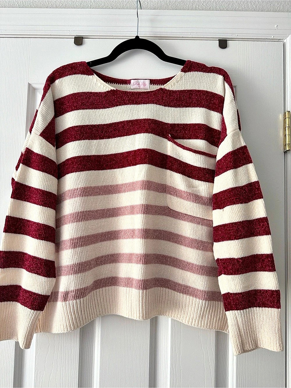 Pink Lily Next On The List Wine And Pink Chenille Striped Sweater